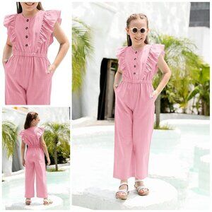 Girls Wide Leg Jumpsuit Cotton Sleeveless Button Up Ruffle One Piece Rompers